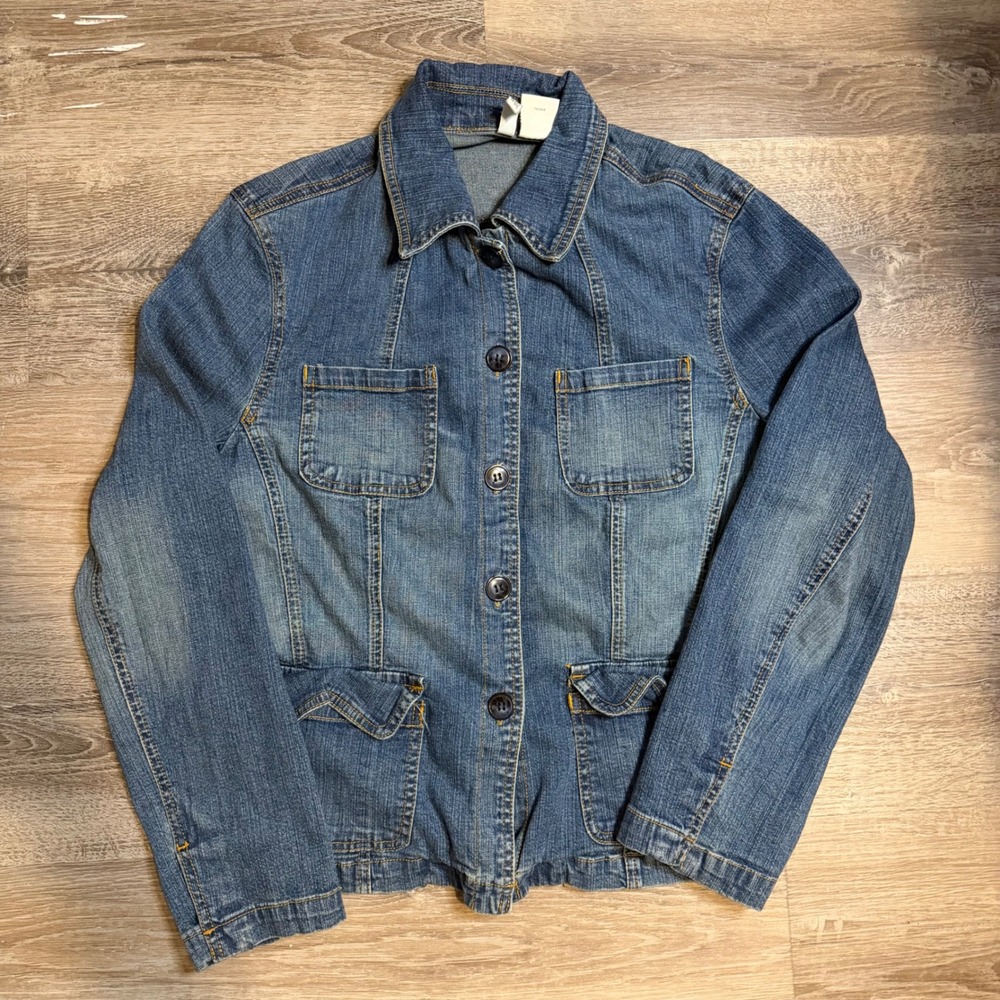 St Johns Bay Denim Jacket Blue Jean Button Front Pockets Size Large